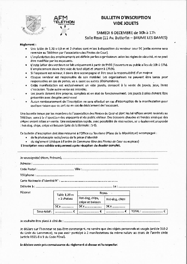 Formulaire d'inscription vide jouets Pirate de Cour - Téléthon 2025