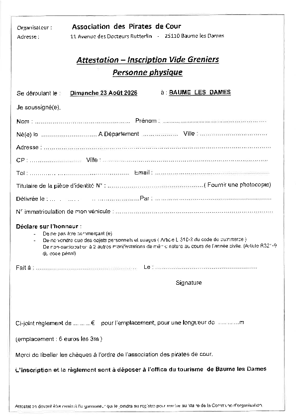 Inscription vide grenier de Cour