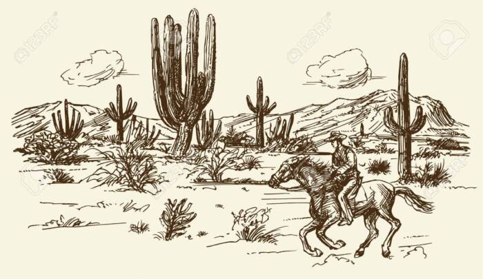 American wild west desert with cowboy - hand drawn illustration